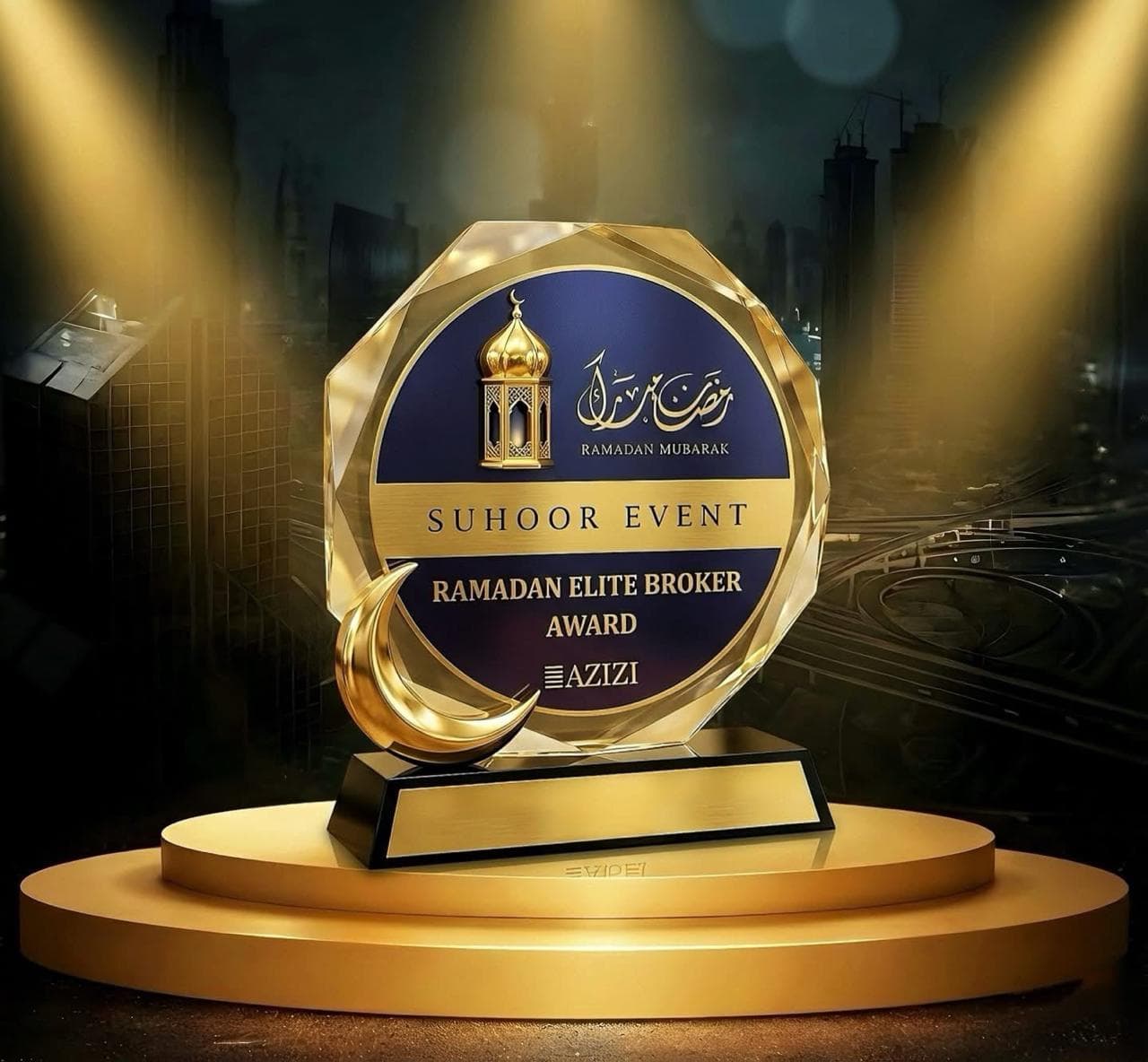 Ramadan Elite Broker Award crystal trophy from Azizi's Suhoor event