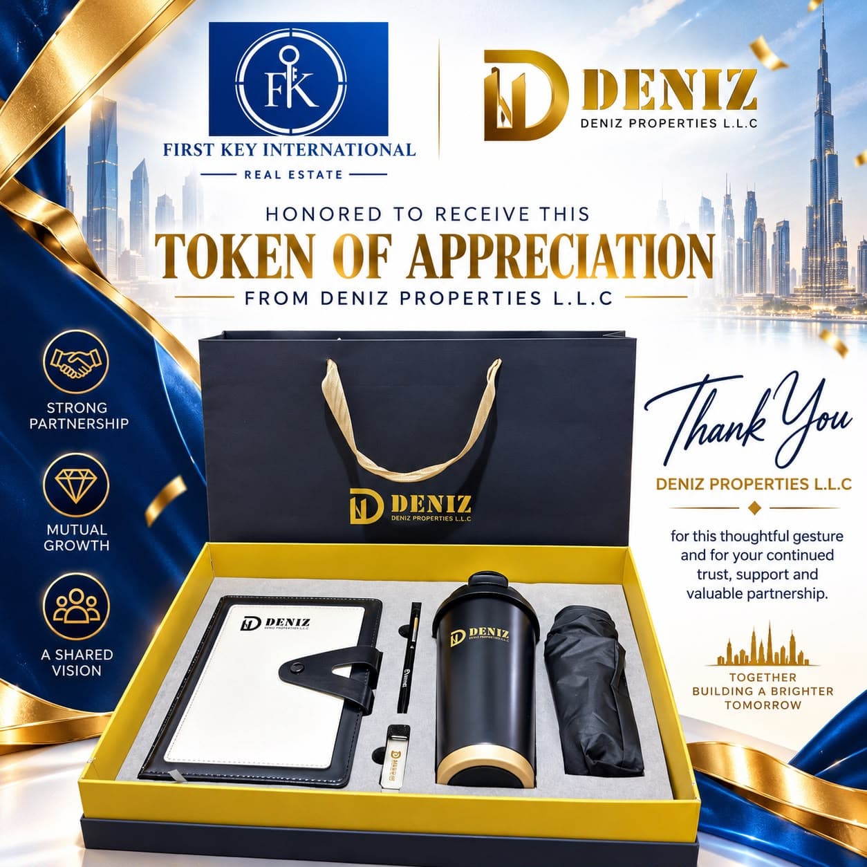 Token of appreciation gift set from Deniz Properties L.L.C to First Key International Real Estate