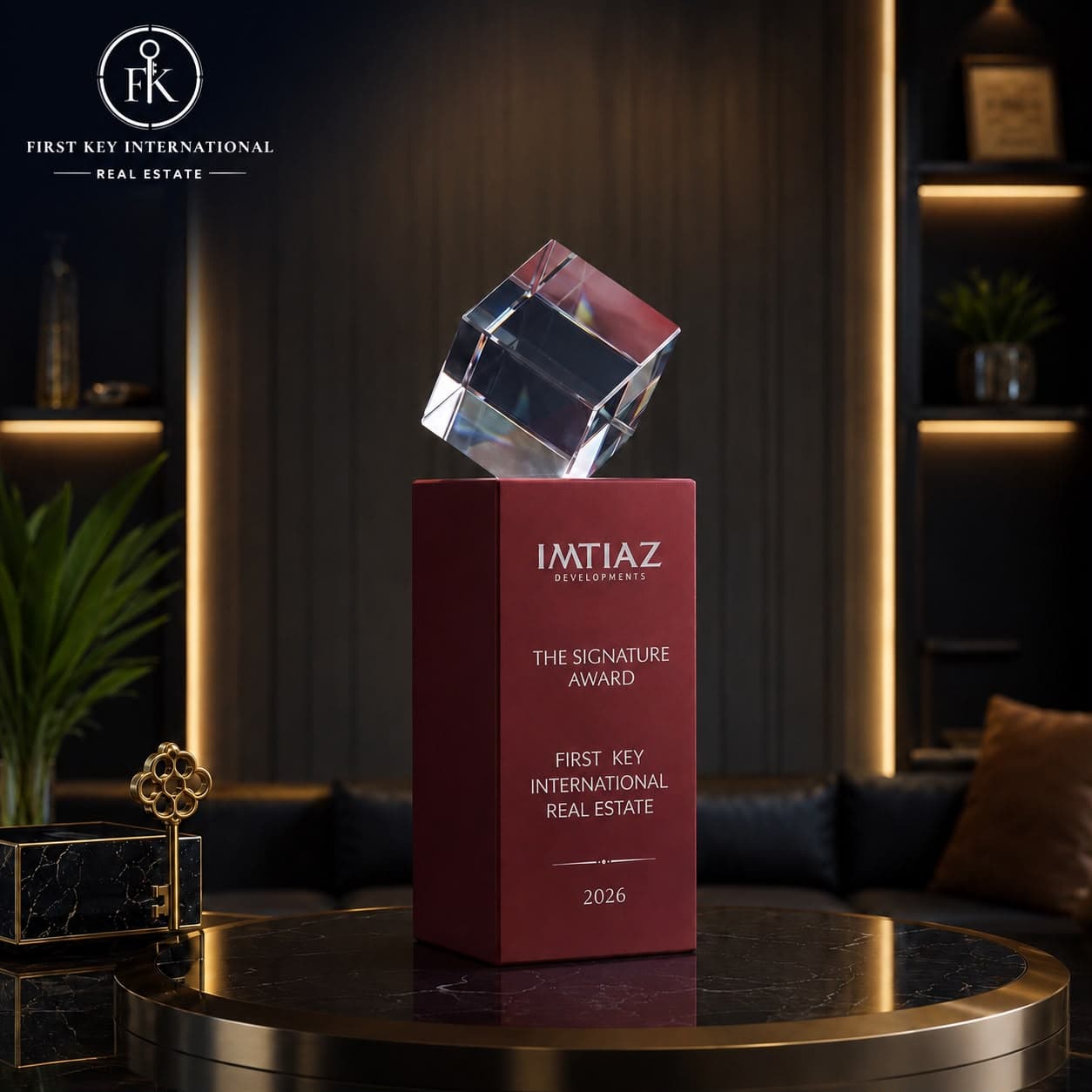 The Signature Award 2026 from Imtiaz Developments presented to First Key International Real Estate — crystal cube trophy on a red plinth