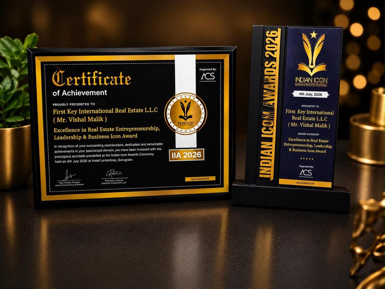 Indian Icon Awards 2026 certificate of achievement and trophy presented to First Key International Real Estate L.L.C