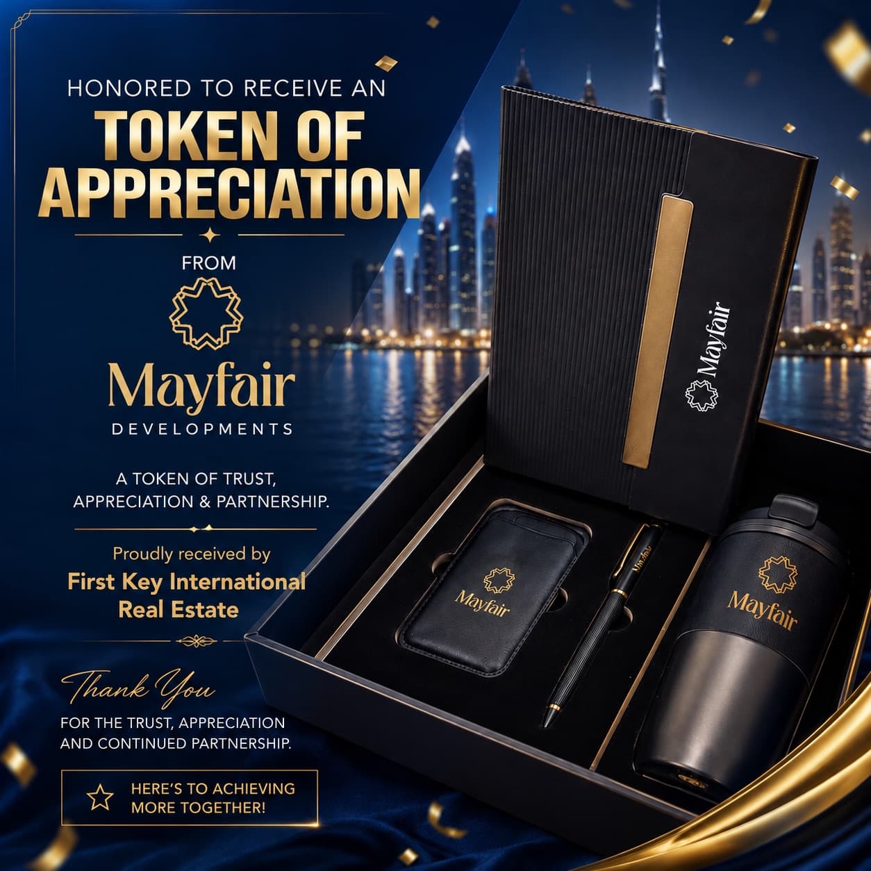 Token of appreciation gift set from Mayfair Developments received by First Key International Real Estate