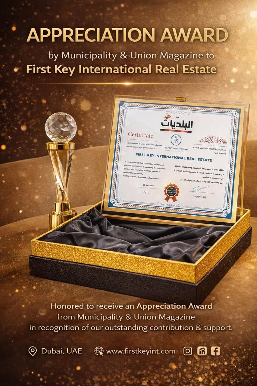 Appreciation Award certificate and crystal trophy from Municipalities & Union Magazine to First Key International Real Estate