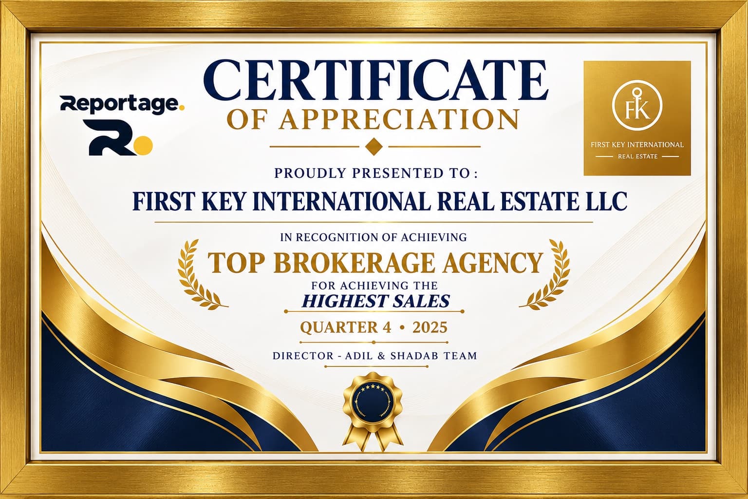 Reportage certificate of appreciation naming First Key International Real Estate LLC Top Brokerage Agency for the highest sales in Quarter 4 2025