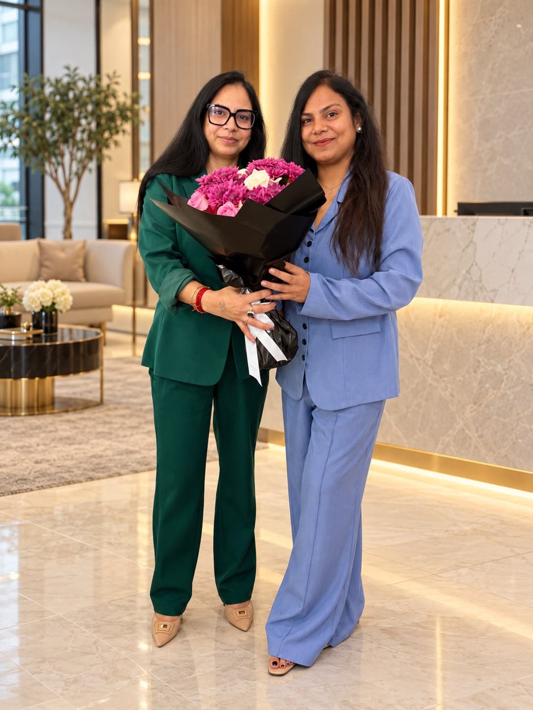 Celebrating a special occasion with a bouquet in a Dubai office lobby