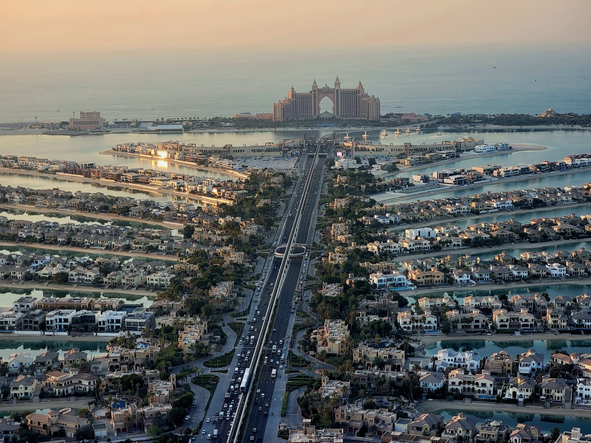 Aerial view along Palm Jumeirah at sunset, Dubai